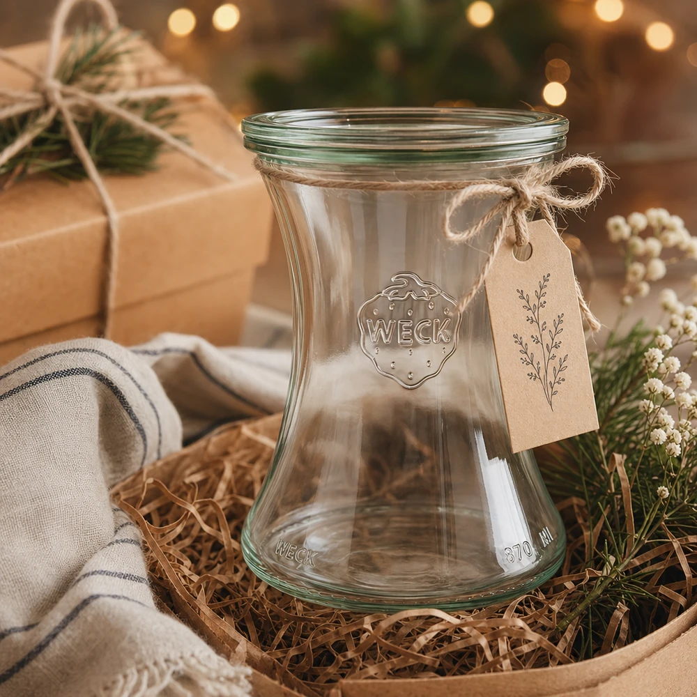 WECK Pot à délicatesse 370ml RR80 comme cadeau avec un pendentif en papier kraft dans une décoration de Noël rustique