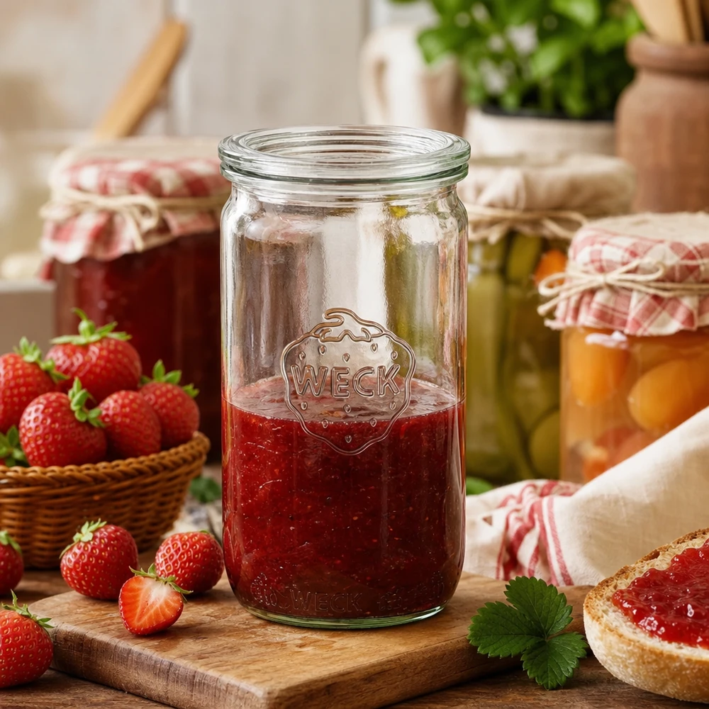 340ml bocal cylindrique avec bouchon en verre WECK RR60 WECK Pot cylindrique de 340ml RR60 rempli de confiture de fraises dans une cuisine rustique avec des fraises fraîches et du pain