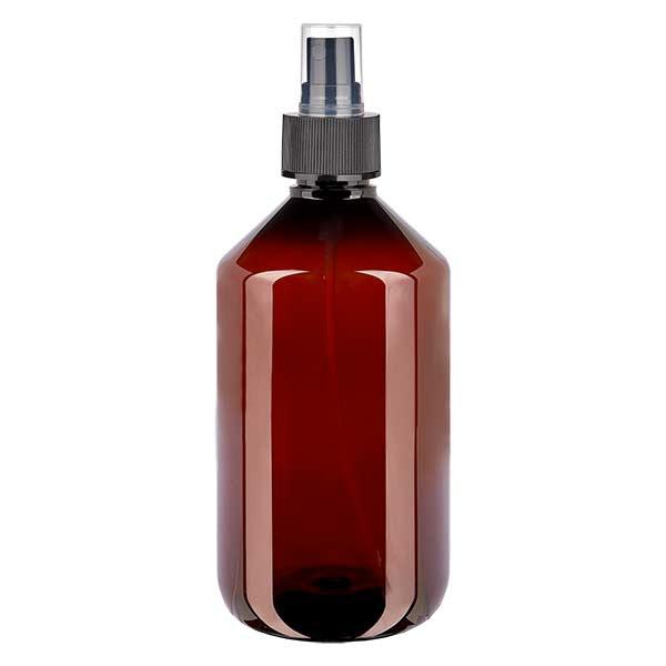 Flacon médical de 500 ml en PET, avec spray noir GCMI 28/410 et capuchon transparent standard Flacon médical de 500 ml en PET, avec spray noir GCMI 28/410 et capuchon transparent standard