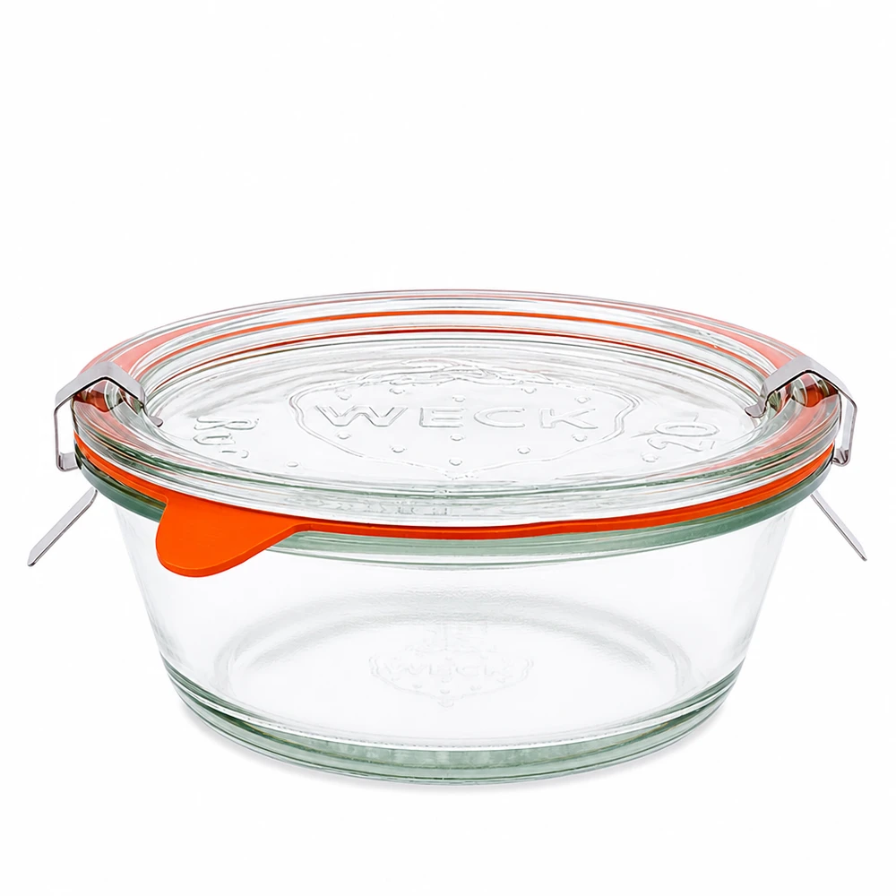 WECK Pot Gourmet 300ml RR120 avec couvercle en verre et anneau en caoutchouc orange, pot à conserves rond en verre transparent