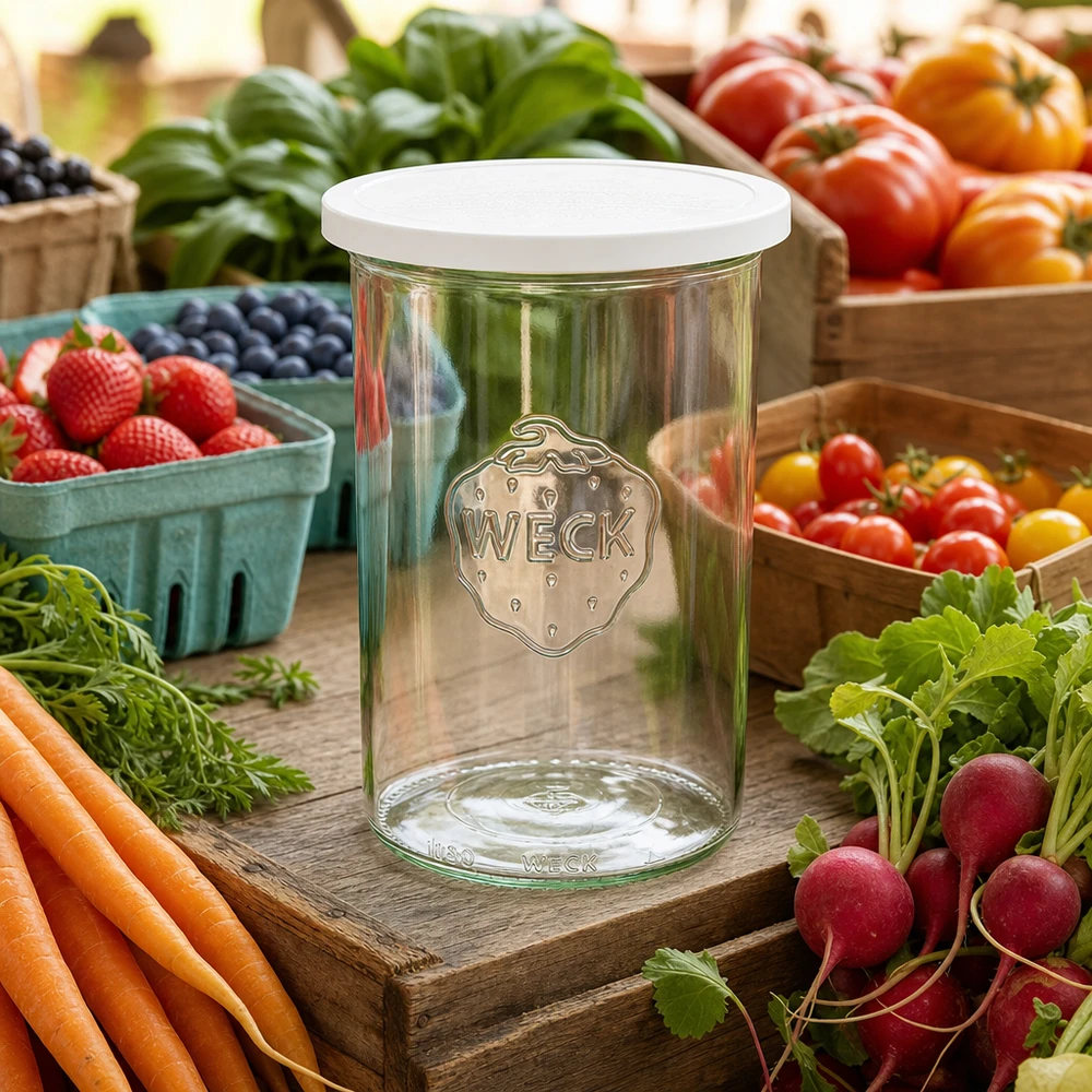 WECK Pot de 1000ml RR100 avec couvercle fraîcheur entre légumes frais du marché carottes radis et baies