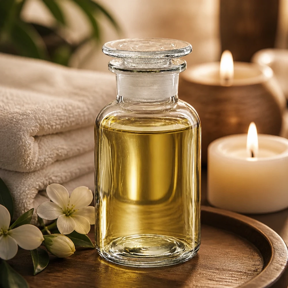 Flacon pharmaceutique 250 ml col large + bouchon verre clair Bouteille en verre transparent à col large de 250 ml, munie d'un bouchon en verre et remplie d'huile de massage dorée, dans un spa