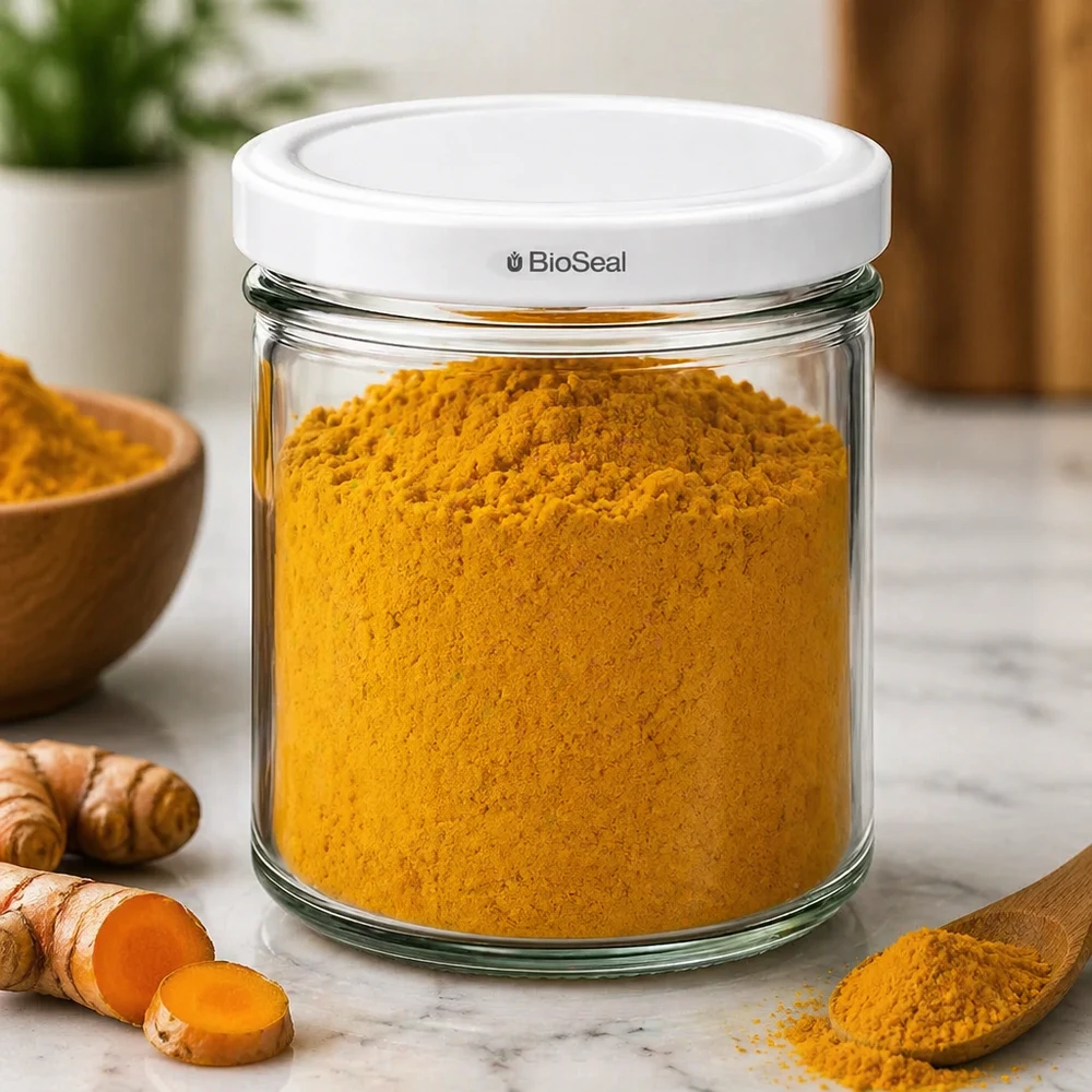 UNiTWIST 167ml Bocal en verre à pied avec couvercle BioSeal rempli de poudre de curcuma Conservation des épices Scène de cuisine