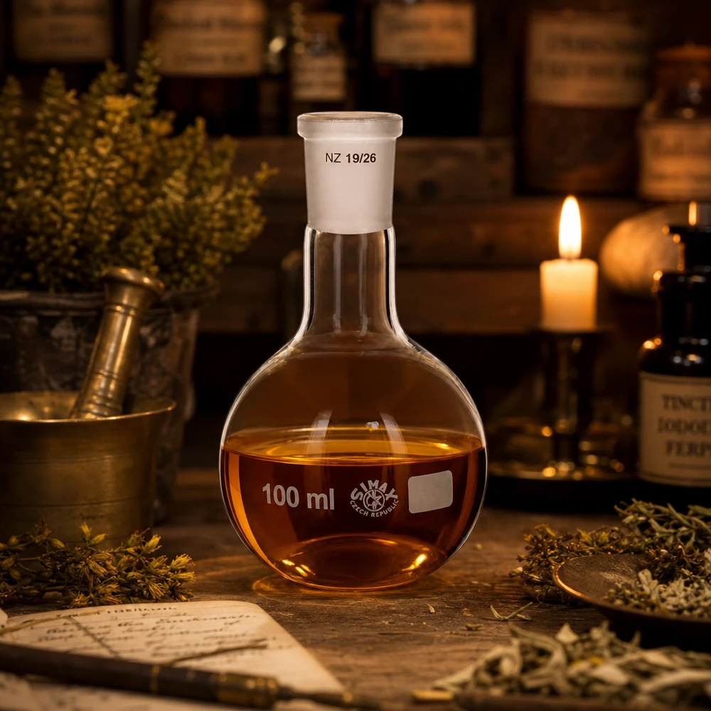 Flacon à pied de pharmacien 100ml en verre résistant à la chaleur - ambiance laboratoire vintage à la lueur des bougies