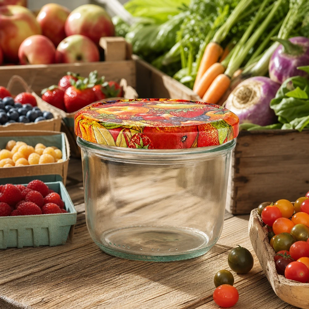 Verre renversé de 230 ml avec couvercle BasicSeal à décor de fruits sur table en bois entouré de légumes frais et de baies du jardin