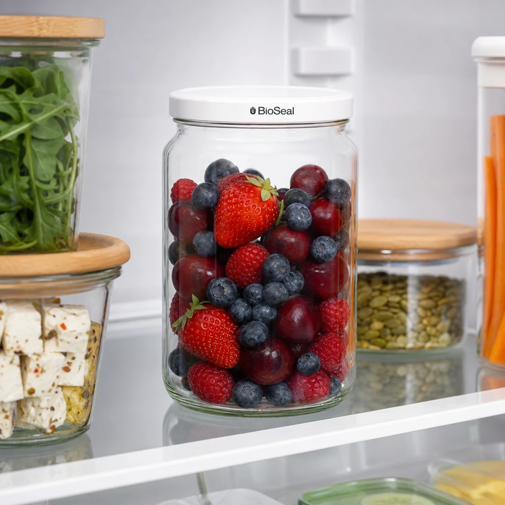 795ml Verre rond avec couvercle BioSeal blanc UNiTWIST UNiTWIST Runda795 im Kühlschrank mit frischen Beeren - optimale Frischhaltung dank weißem TO82 BioSeal Deckel