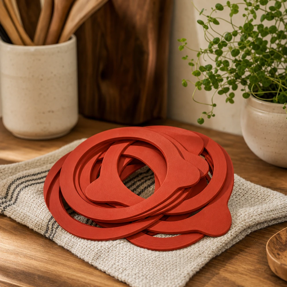 Anneau de mise en conserve en caoutchouc naturel RR100 Anneaux de mise en conserve rouges RR100 en caoutchouc naturel sur un torchon de cuisine dans un environnement de cuisine confortable avec des ustensiles en bois