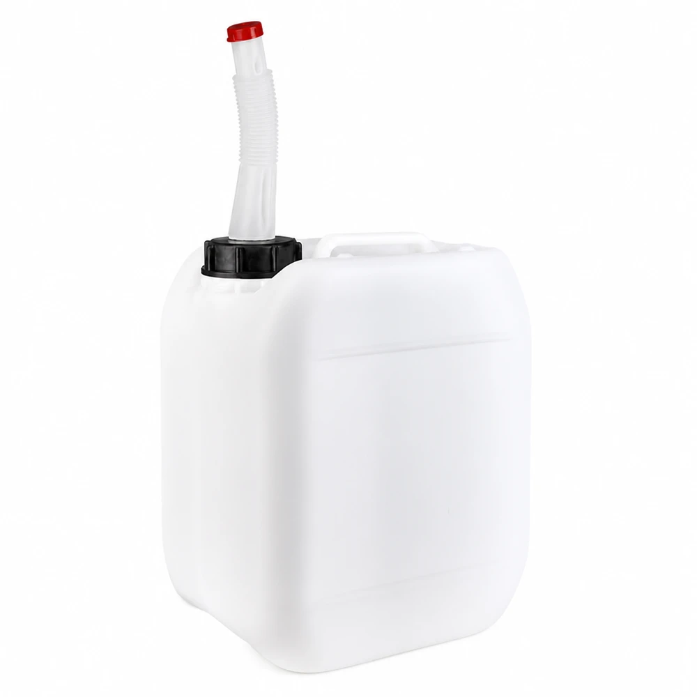 Bidon en plastique blanc de 5 litres, muni d'un bec verseur flexible et d'un bouchon à vis noir