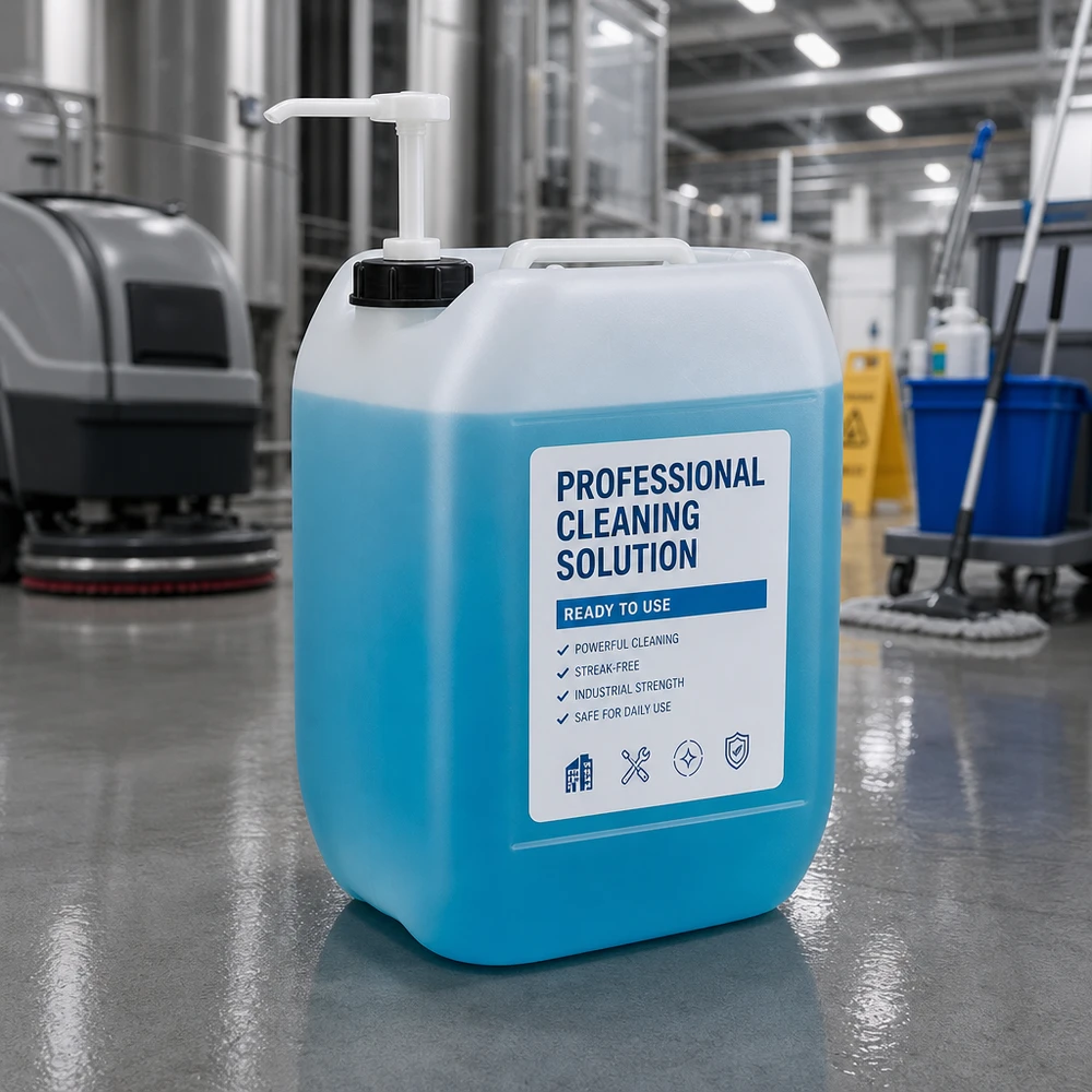 Bidon bleu de 10 litres contenant un produit de nettoyage, équipé d'une pompe doseuse, posé sur le sol industriel d'un atelier de production