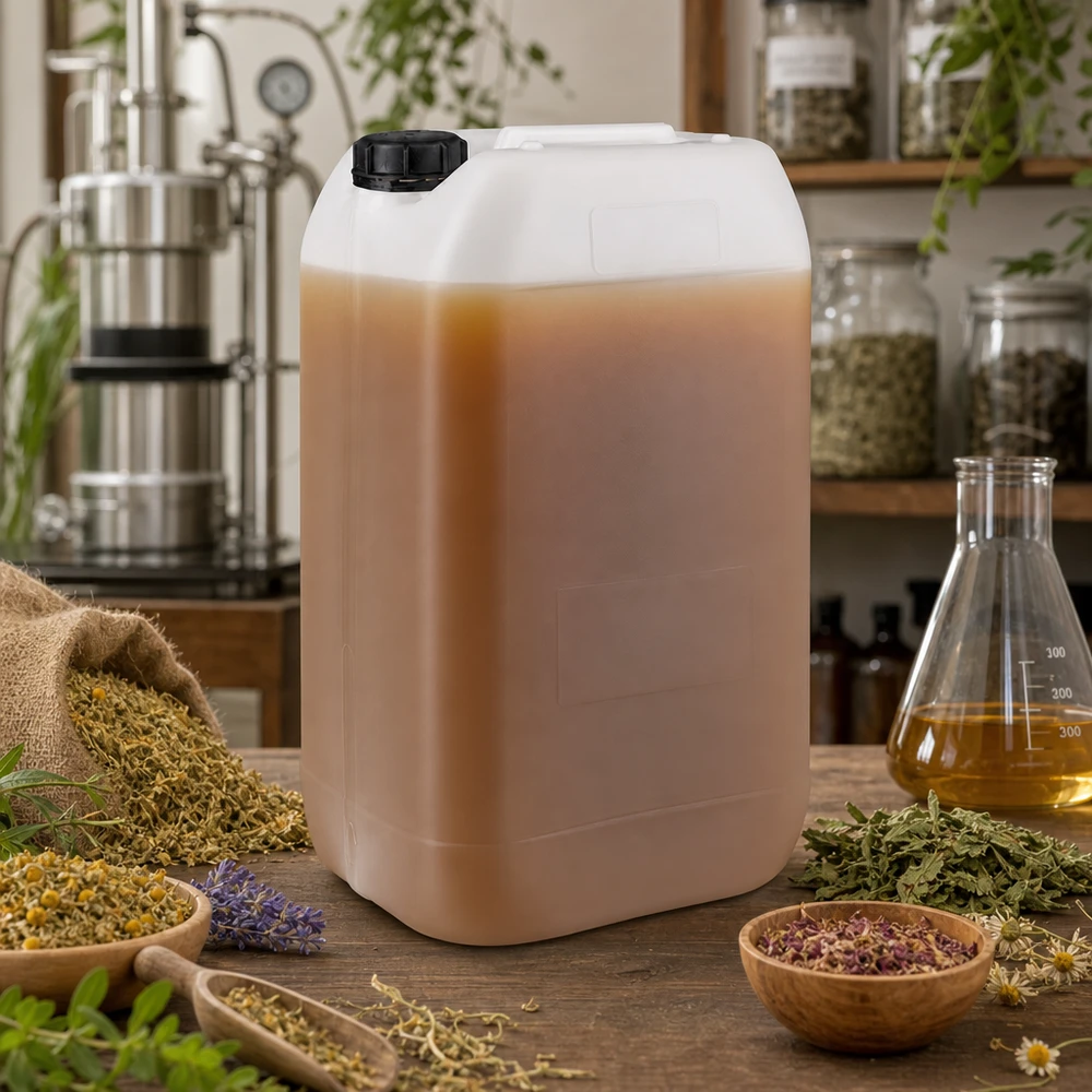 Conservation d'extraits de plantes dans un bidon de 15 litres muni de son bouchon d'origine, dans un laboratoire de sciences naturelles