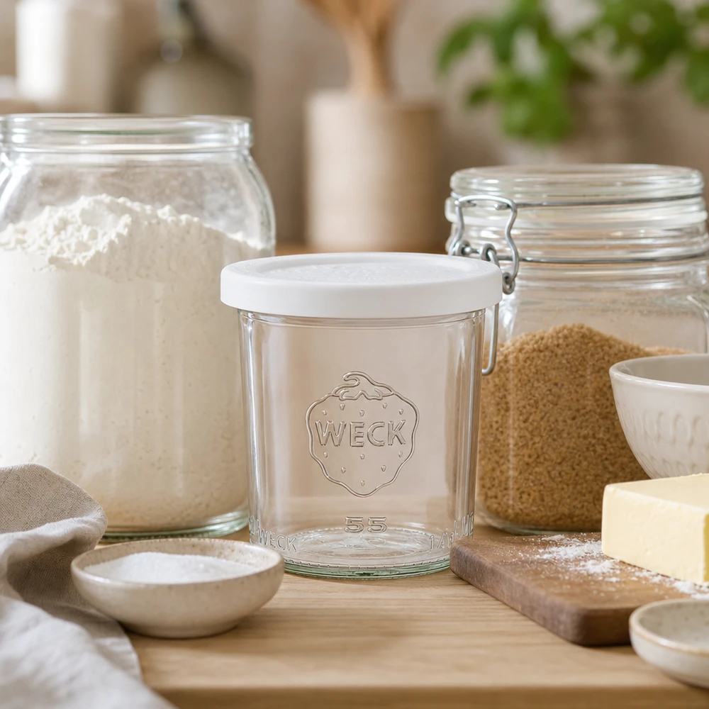 WECK Verre renversé 140ml RR60 dans un environnement de cuisine naturel avec des ingrédients de cuisson et une planche en bois comme photo de style de vie