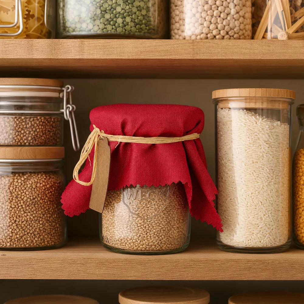 Cache-bijoux en tissu bordeaux 15cm sur jar de stockage dans un garde-manger organisé avec des épices et des légumineuses