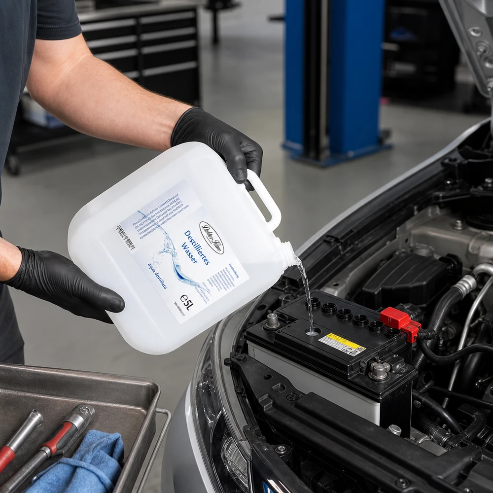 Eau distillée Doktor-Klaus 5 litres pour l'entretien professionnel des batteries de voiture dans le domaine automobile
