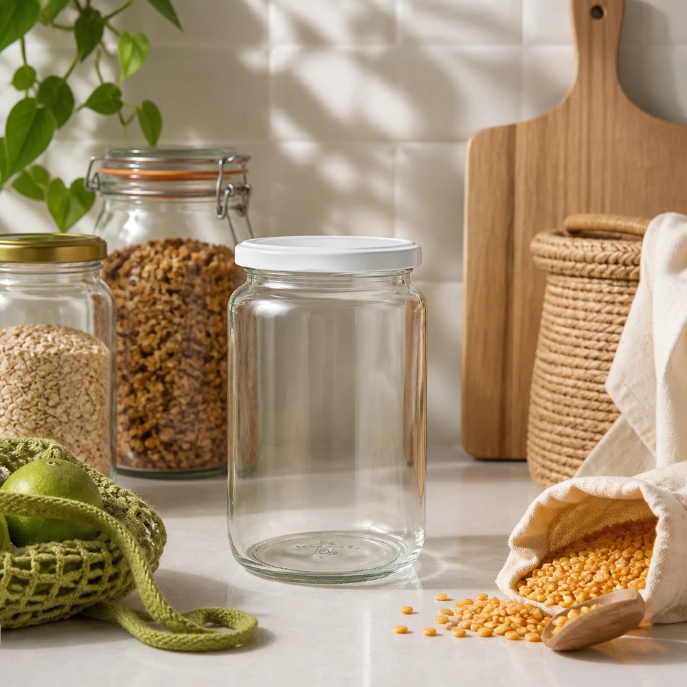 795ml Verre rond avec couvercle BasicSeal blanc UNiTWIST Bocal rond de 795 ml UNiTWIST dans une cuisine durable zéro déchet avec des légumineuses et des solutions de conservation respectueuses de l'environnement