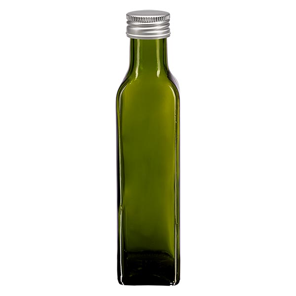 Bouteille d'huile carrée 250 ml, transparente avec capsule à vis argentée en aluminium (PP 31,5 mm) Bouteille d'huile carrée 250 ml, transparente avec capsule à vis argentée en aluminium (PP 31,5 mm)