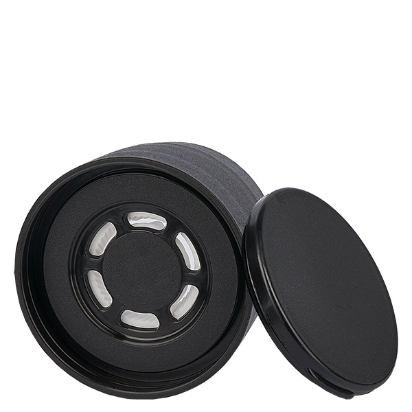 Couvercle du bocal à sel/épices avec moulin grossier noir - broyeur céramique grossier, 6 trous pour épandeur ø8mm. Filetage de 41mm. Couvercle à presser.