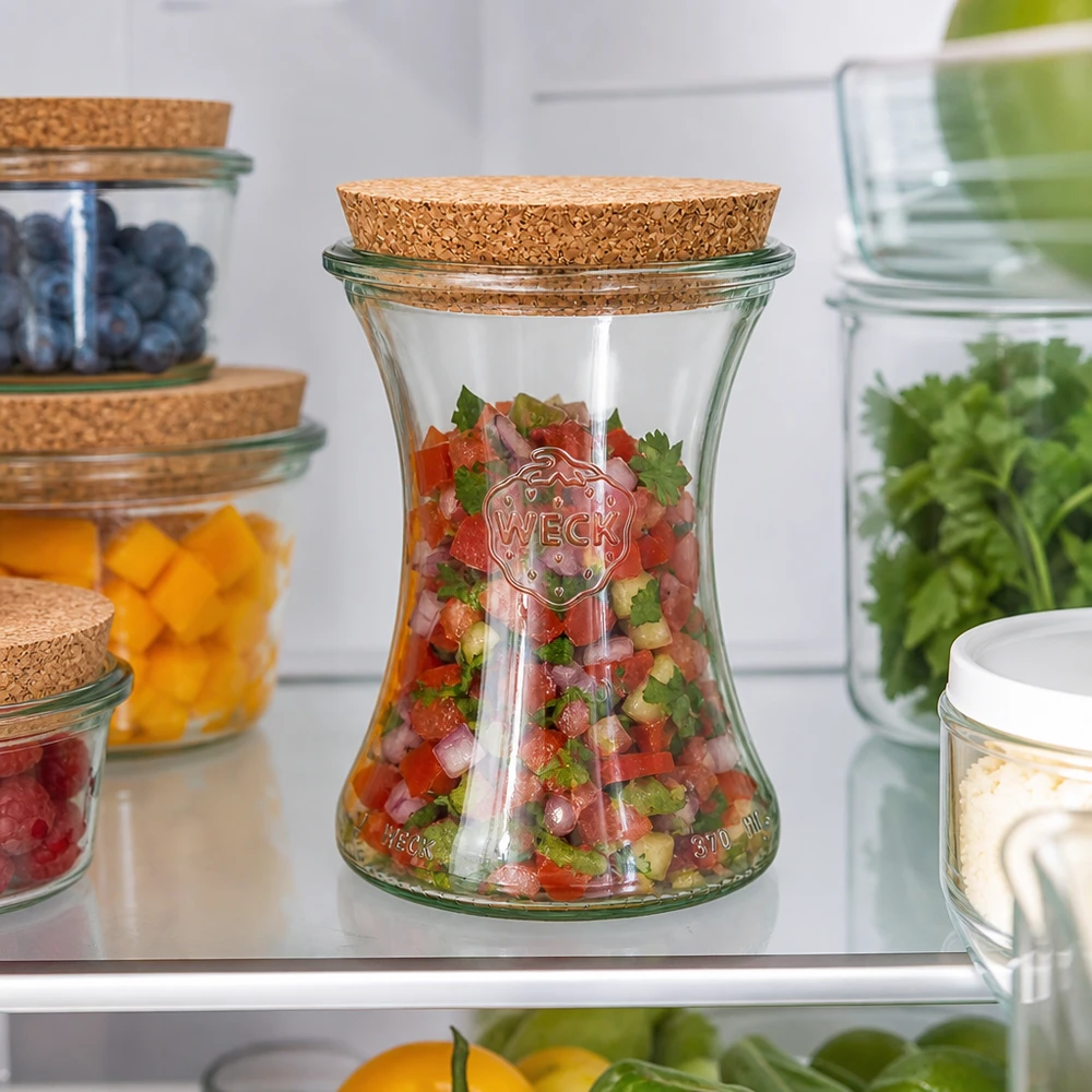 370ml bocal à gourmandises WECK RR80 avec bouchon nature WECK Pot pour délicatesses 370ml RR80 avec couvercle en liège rempli de salsa fraîche dans le réfrigérateur à côté d'autres bocaux de stockage