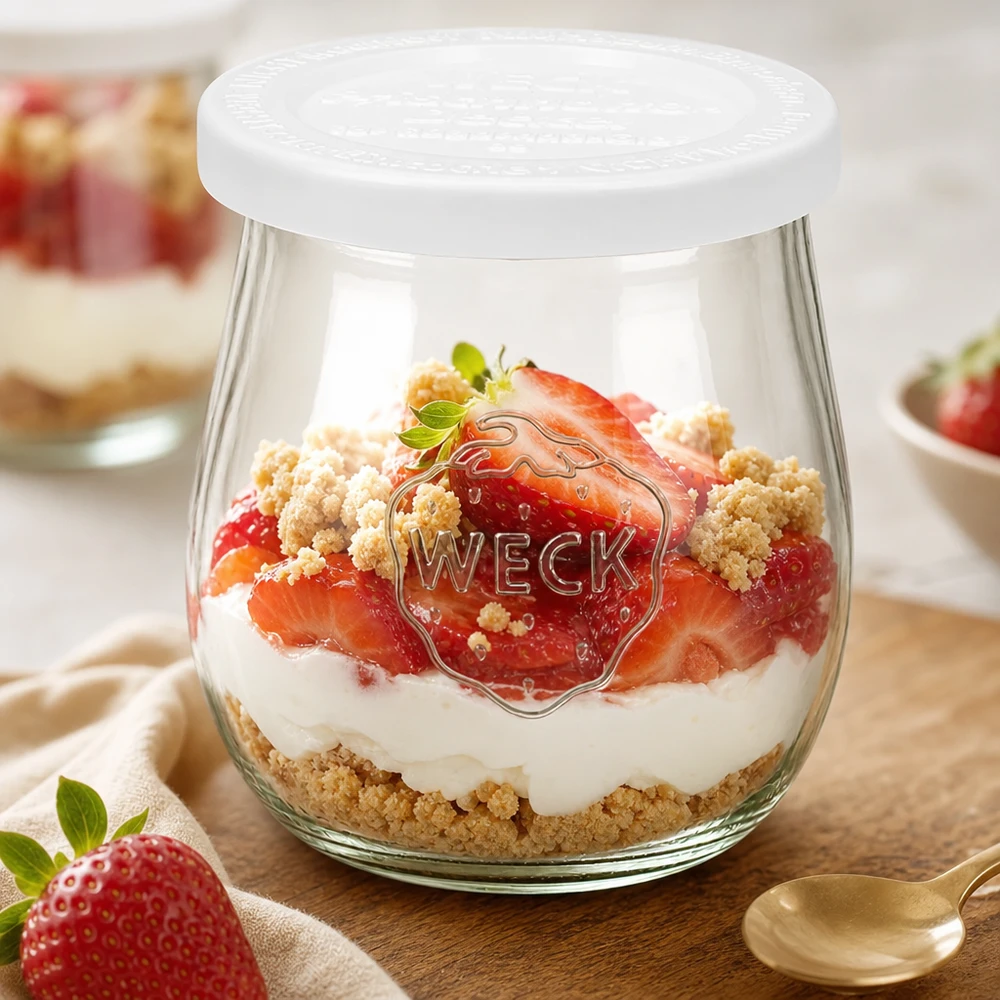 Bocal en forme de tulipe de 220 ml avec couvercle hermétique WECK RR60 WECK Verre tulipe 220ml avec couvercle fraîcheur comme verre à dessert - Dessert stratifié à la fraise et à la crème avec crumble en verre RR60