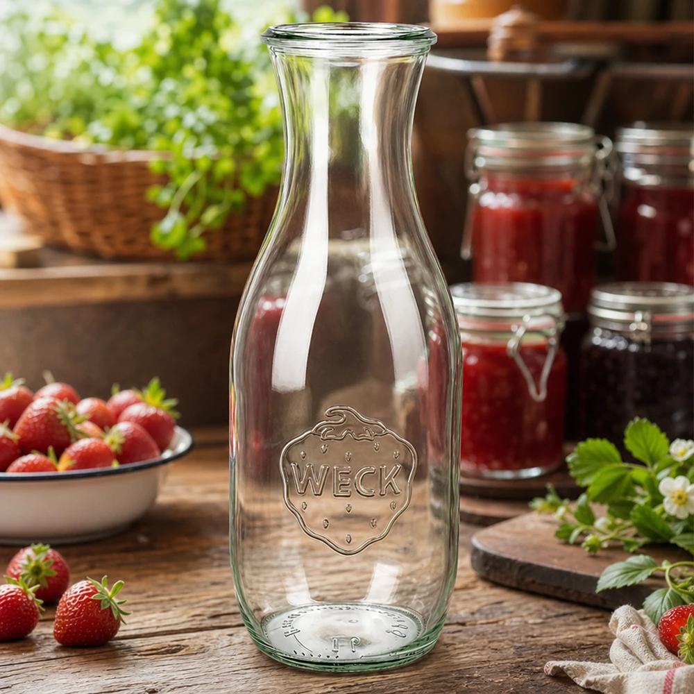 Bouteille à jus WECK RR60 de 1 062 ml WECK Bouteille de jus 1062ml RR60 dans une cuisine rustique avec des fraises fraîches et des pots de confiture comme décoration