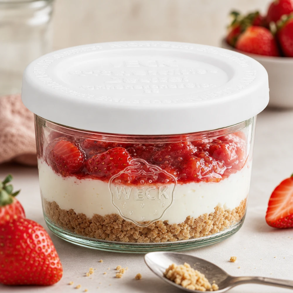 Bocal en verre de 80 ml avec couvercle hermétique WECK RR60 WECK Pot renversé de 80ml RR60 avec dessert aux fraises et fond en biscuit comme dessert en couches entre des fraises fraîches et une cuillère