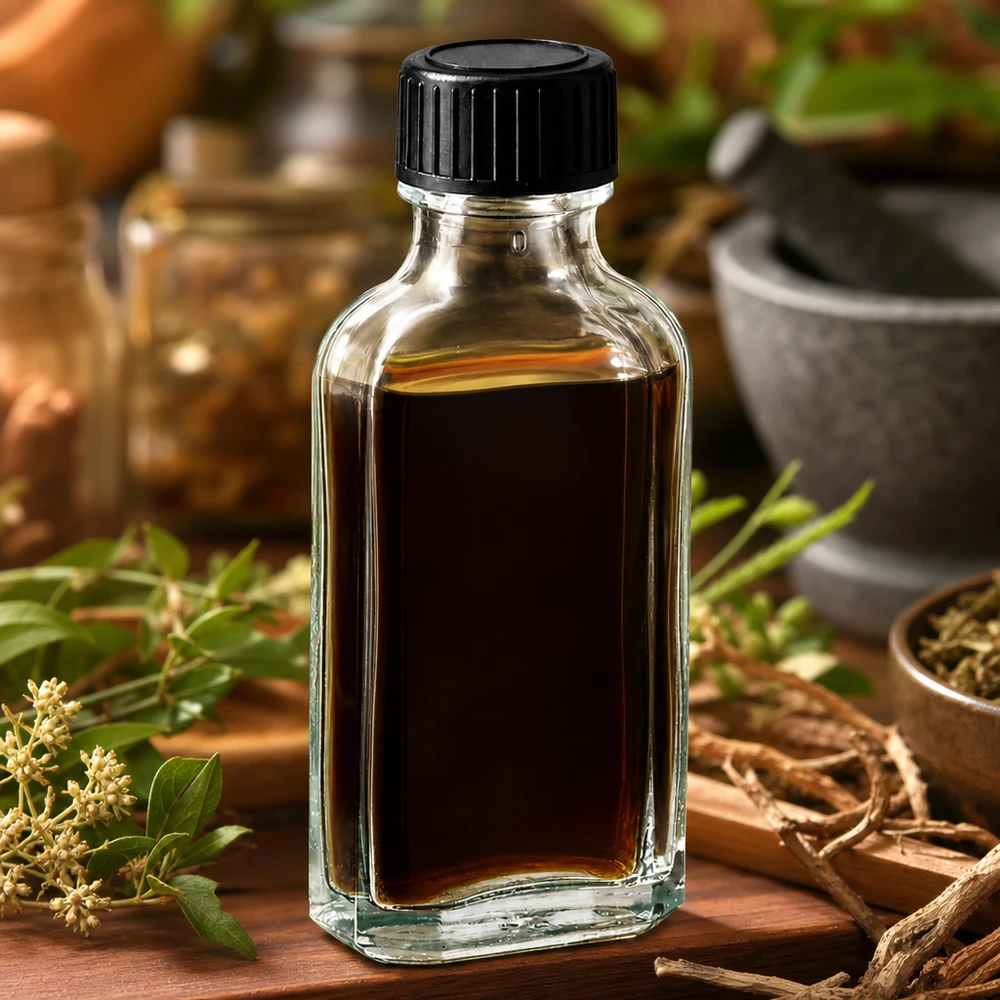 Flasque transparente de 50 ml au goulot DIN 22, avec bouchon à vis DIN 22 noir et joint PEE Flacon Meplat de 50 ml contenant une huile aux herbes foncée, muni d'un bouchon à vis noir sur un support en bois