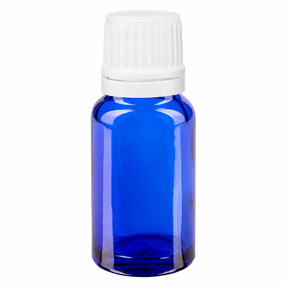 Flacon de pharmacie en verre bleu de 10 ml, muni d'un bouchon à vis blanc et d'un dispositif d'inviolabilité