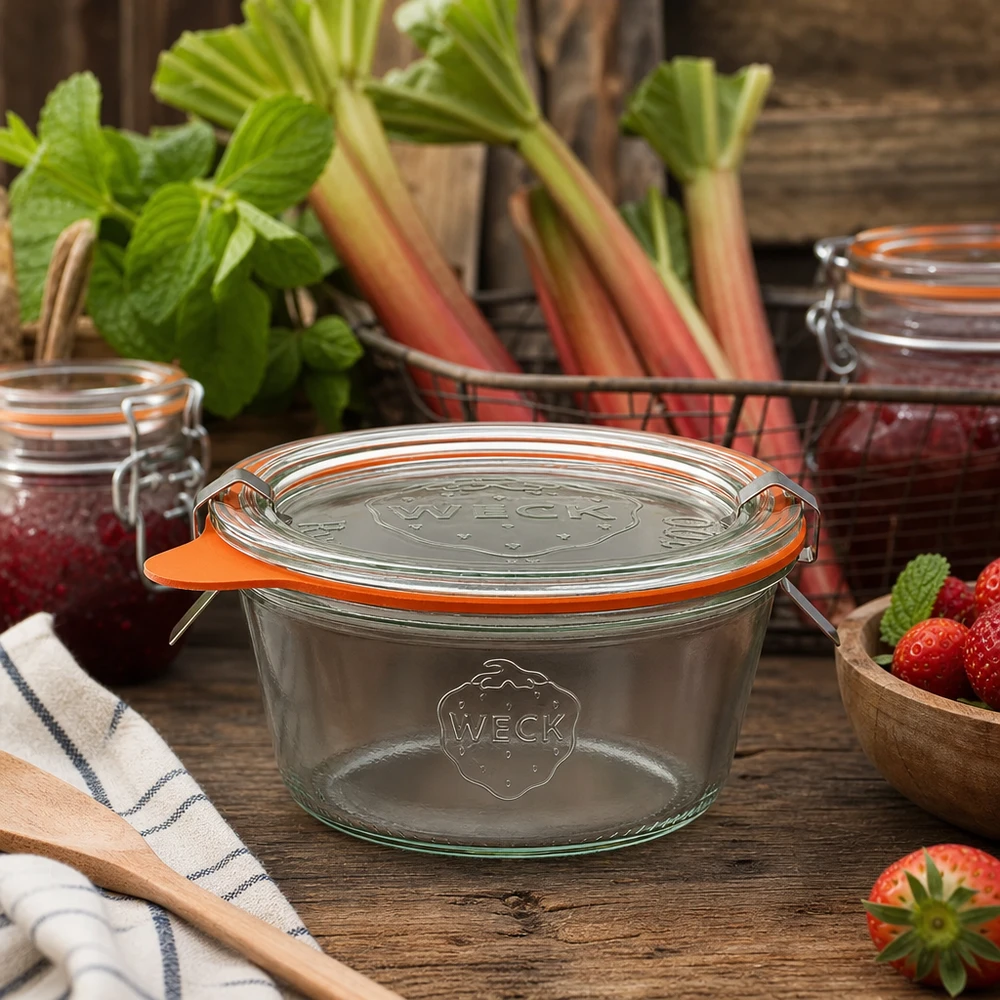 WECK Pot de conservation 290ml RR100 dans une cuisine rustique avec rhubarbe fraîche et fraises à mettre en conserve