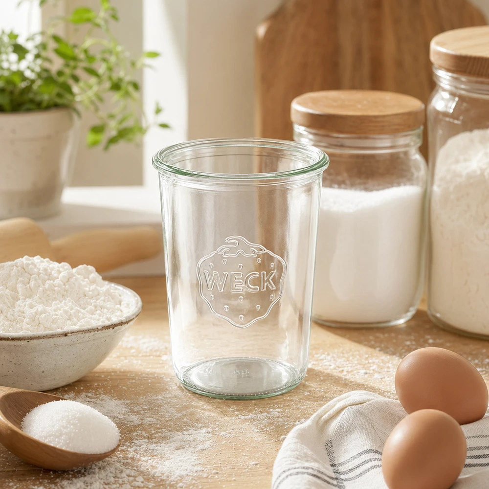 850ml WECK Pot renversé RR100 Pot de conservation transparent avec logo sur table en bois à côté des œufs de farine et des bocaux à provisions