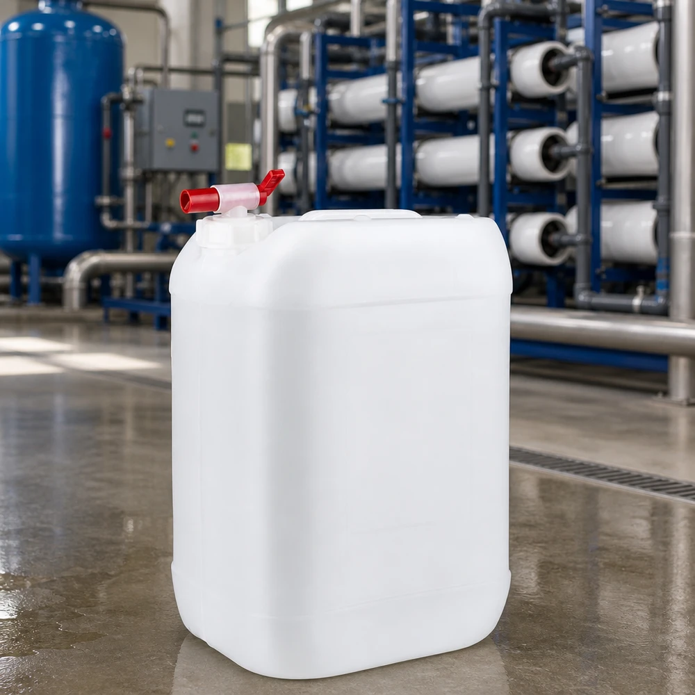 Jerrican de 25 litres avec robinet Bidon industriel blanc de 25 litres muni d'un robinet de vidange, installé en amont d'une station de traitement de l'eau