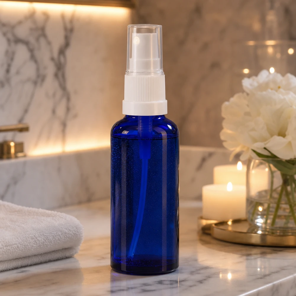Flacon de pharmacie bleu 30ml embout spray blanc Flacon vaporisateur de 30 ml en verre de pharmacie bleu cobalt, muni d'une tête de vaporisation blanche, dans une salle de bains élégante agrémentée de bougies