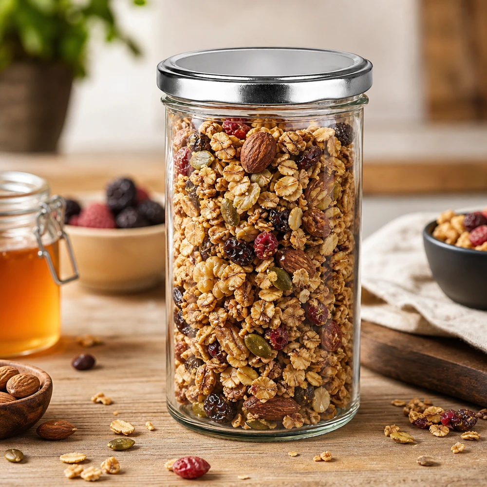 277ml Sturzglas mit BasicSeal Deckel silber gefüllt mit Müsli und Nüssen auf Holztisch Vorratshaltung Küche