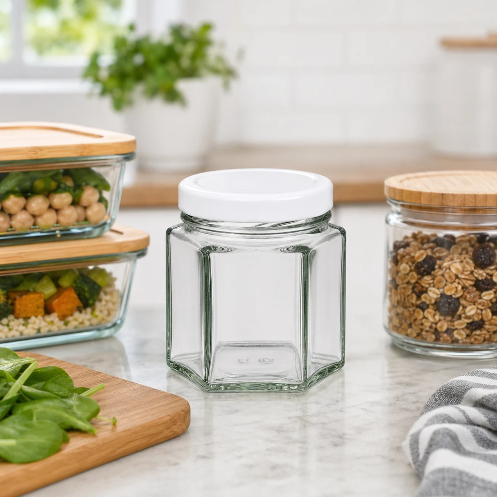 Bocal hexagonal vide de 47 ml avec couvercle BasicSeal blanc entre les bocaux à provisions remplis dans une cuisine moderne