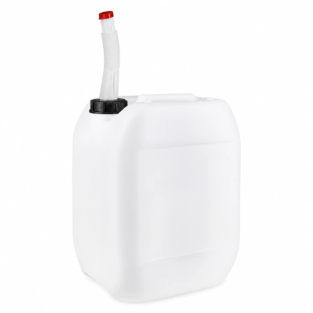 Bidon 10 litres avec tuyau d'écoulement Flex Bidon en plastique blanc de 10 litres, muni d'un bec verseur flexible et d'un bouchon rouge
