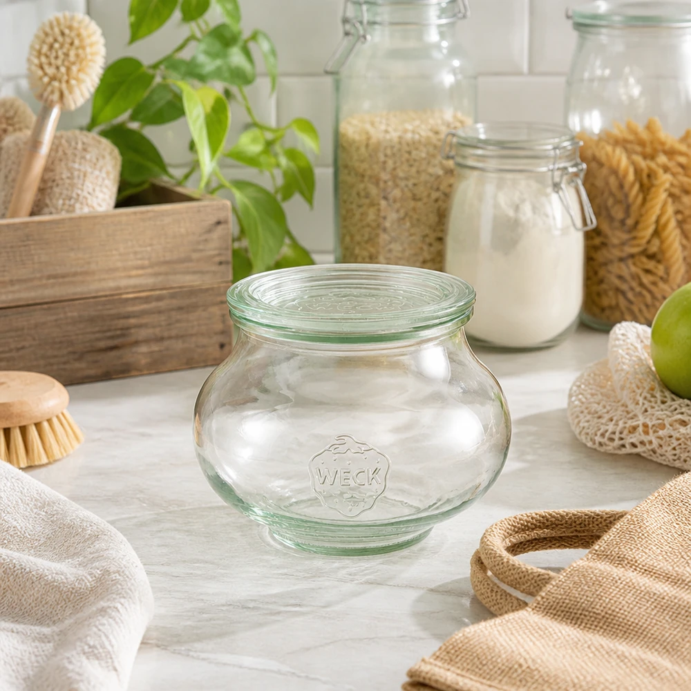 Bocal décoratif de 560 ml avec couvercle en verre WECK RR80 WECK Bocal à bijoux 560ml RR80 dans une cuisine durable Zero Waste avec des matériaux naturels Brosses en bois et sacs en jute