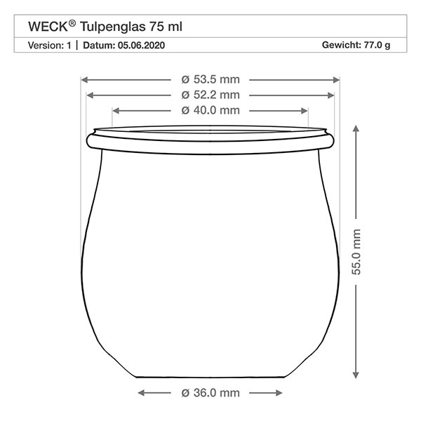 75ml bocal tulipe complet WECK RR40 Dessin technique WECK Pot tulipe 75ml RR40 avec dimensions Diamètre Hauteur Poids Spécification du produit