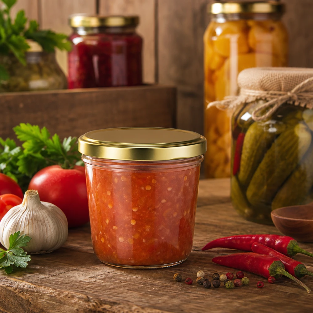 Pot renversé de 230 ml avec couvercle doré rempli de relish de tomates entouré d'ingrédients frais et d'épices