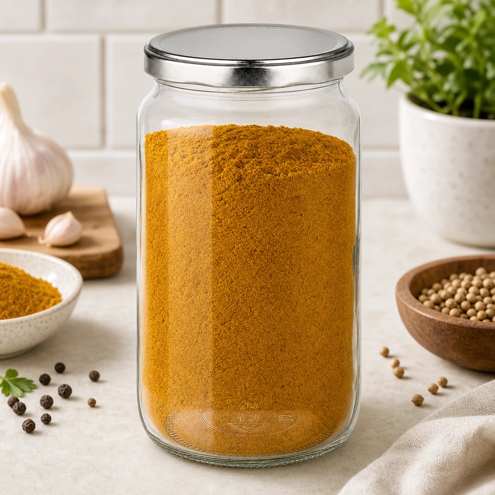 Bocal rond de 795ml avec couvercle BasicSeal rempli d'épices en poudre dans la cuisine à côté de la coriandre et de l'ail