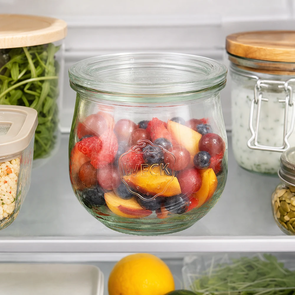 WECK Pot tulipe 370ml RR80 avec salade de fruits frais dans le réfrigérateur pour une conservation pratique des aliments
