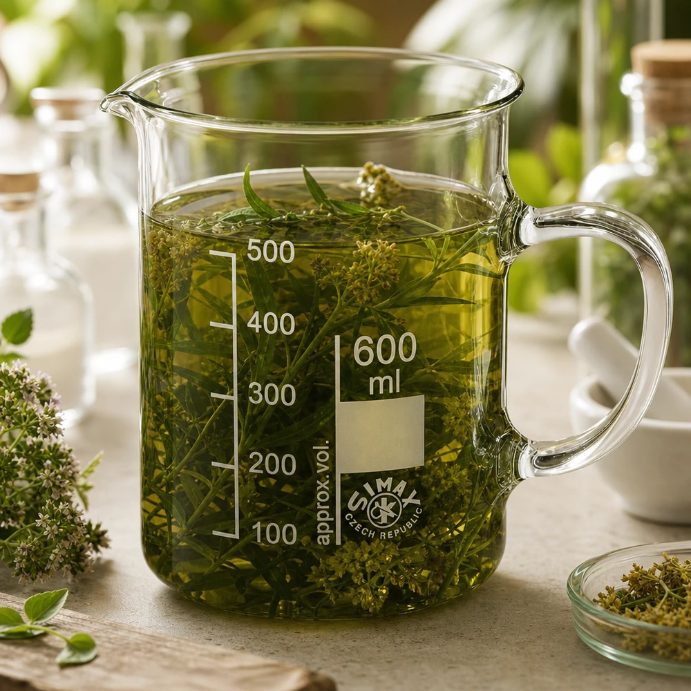 Verre à bec 600 ml avec anse, rempli d'une infusion d'herbes vertes et d'herbes médicinales fraîches