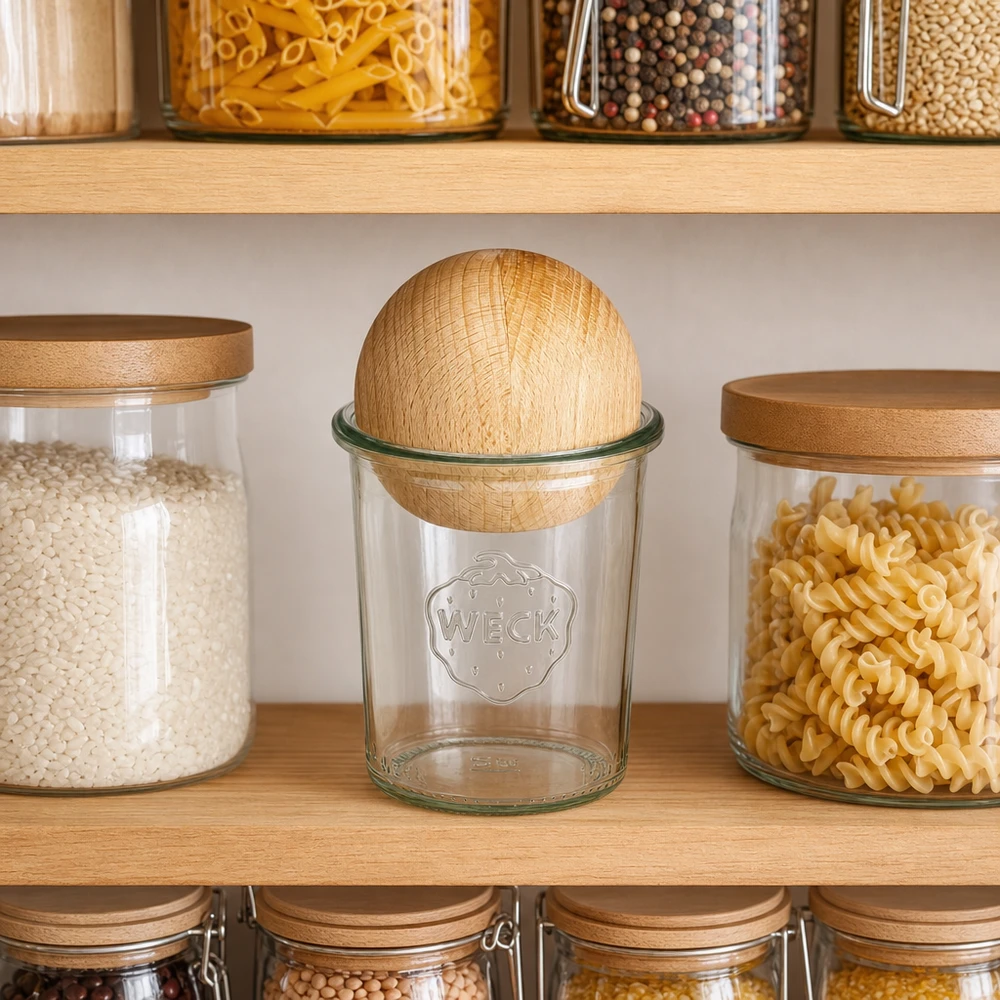 WECK Verre renversé RR60 160ml avec boule en bois dans l'étagère de la cuisine entre les bocaux à provisions avec pâtes et céréales