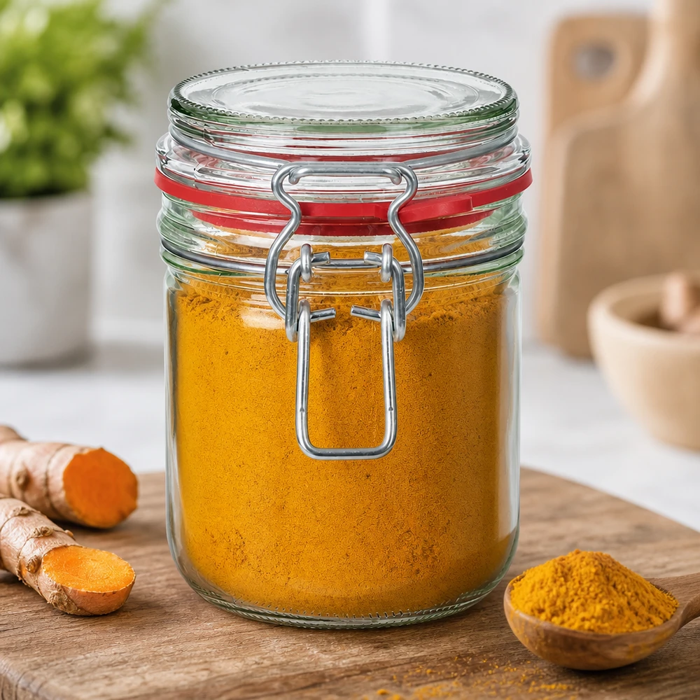 Bocal de conservation de 400 ml, type G, avec bouchon à clip UN.. Épices de curcuma dans un bocal de 400 ml avec fermeture à étrier, parfait pour les épices de cuisine et la poudre.