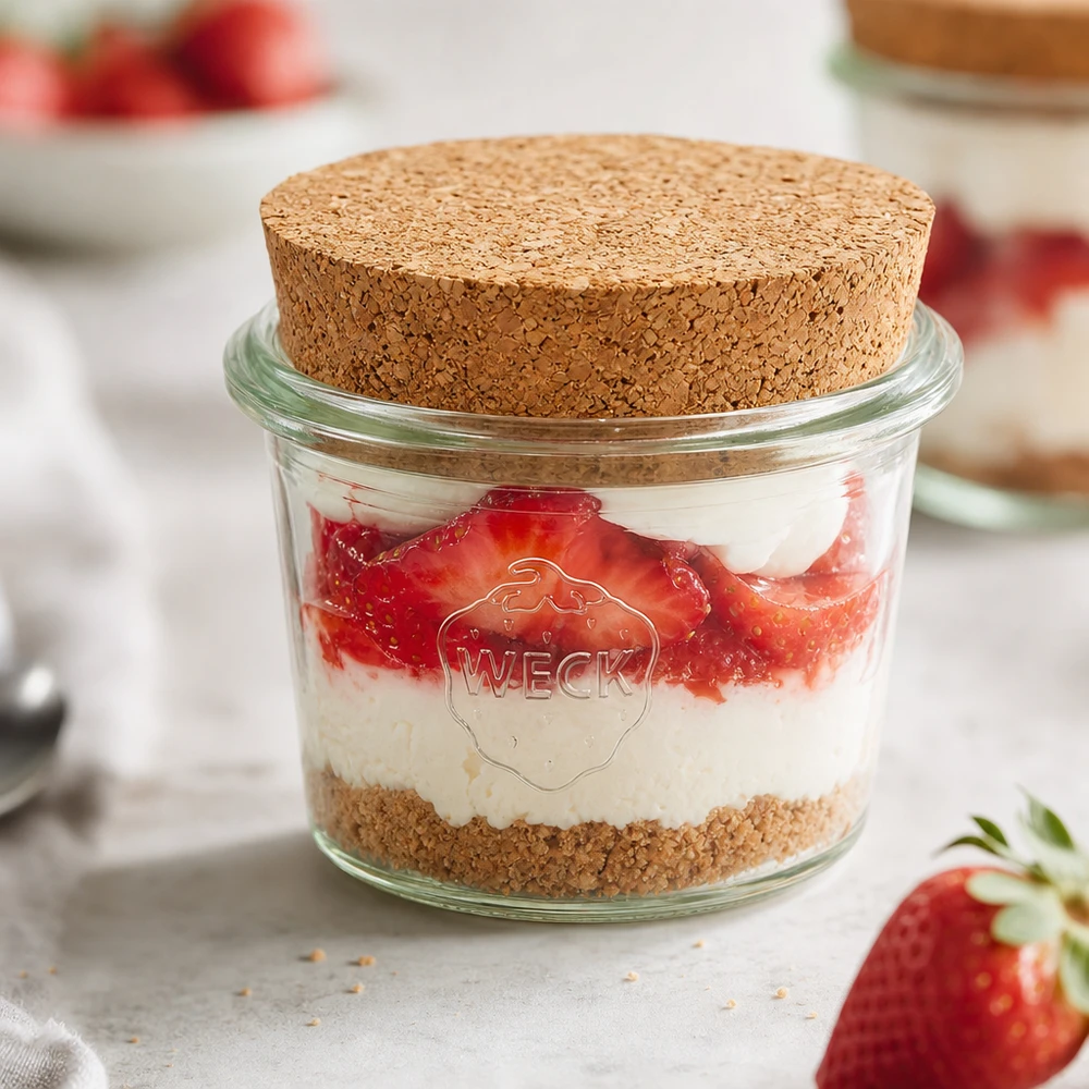 35ml bocal conique WECK RR40 avec bouchon nature WECK Pot renversé RR40 35ml avec bouchon rempli de dessert à la fraise et à la crème comme pot à portions pour les desserts sucrés
