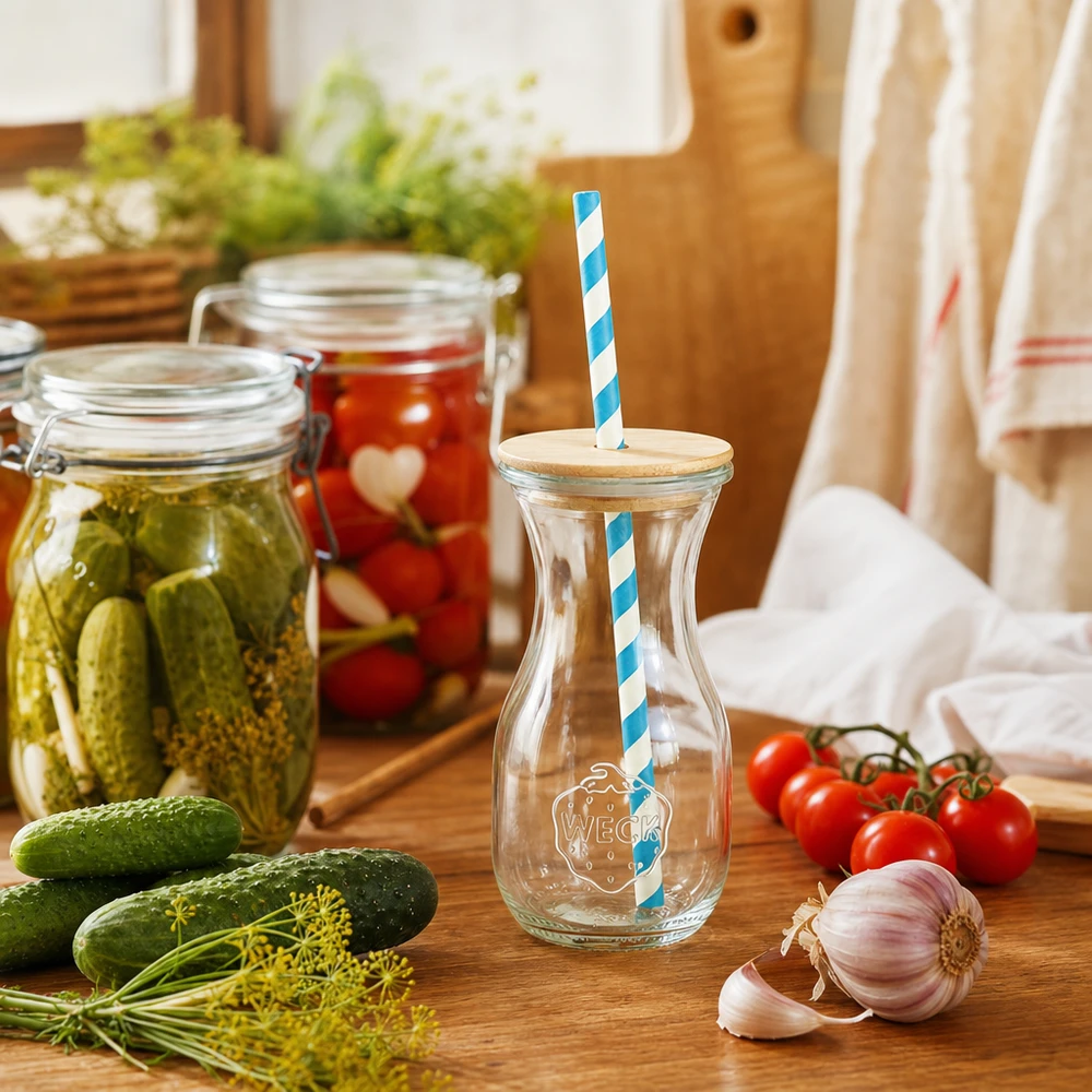 Bocal conique WECK 290 ml (1/5 L) avec couvercle WECK Bouteille de jus 290ml Scène de cuisine avec concombres marinés tomates légumes frais Couvercle en bois Paille écologique