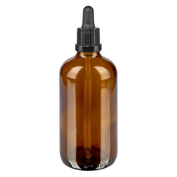 Flacon à pipette brun 100 ml + pipette noire à système d'inviolabilité Flacon à pipette brun 100 ml + pipette noire à système d'inviolabilité