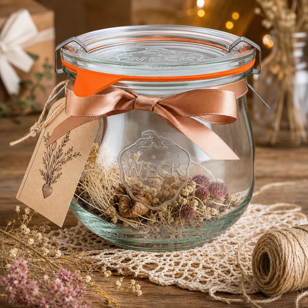 370ml bocal tulipe complet WECK RR80 WECK Pot tulipe 370ml RR80 arrangé de manière décorative avec des fleurs séchées Ruban de satin et étiquette cadeau comme idée de bricolage