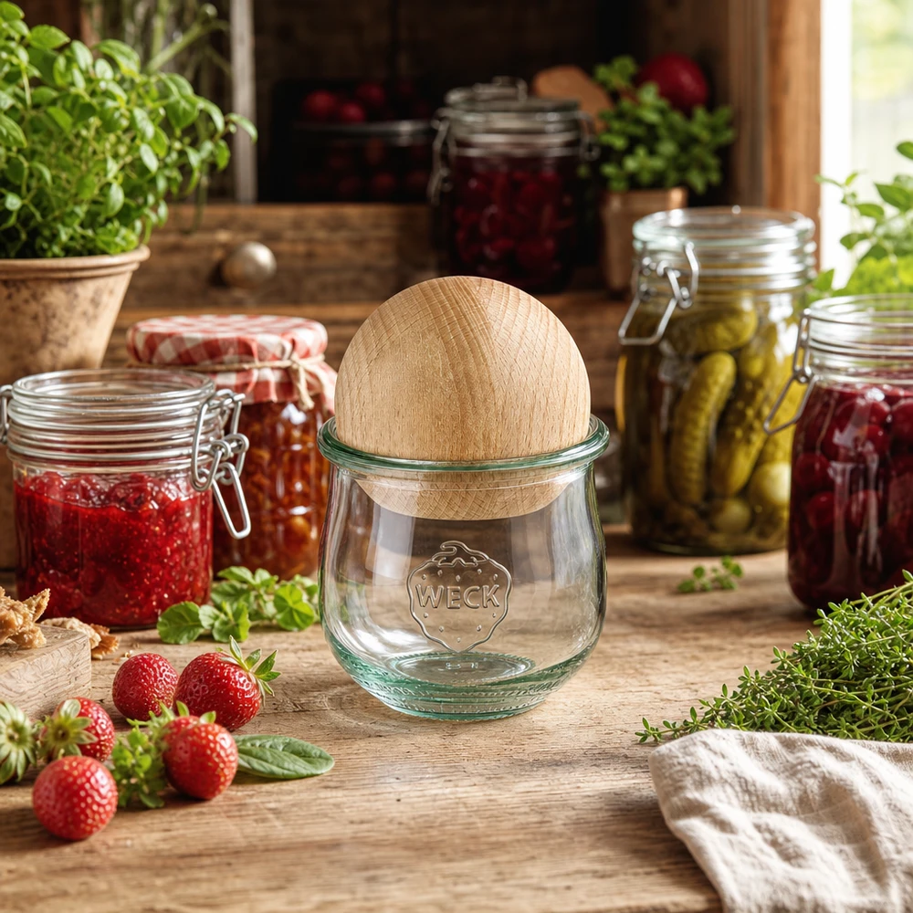 WECK Pot de conserve RR80 avec couvercle en bois dans une cuisine rustique entre des pots de confiture et des fraises fraîches