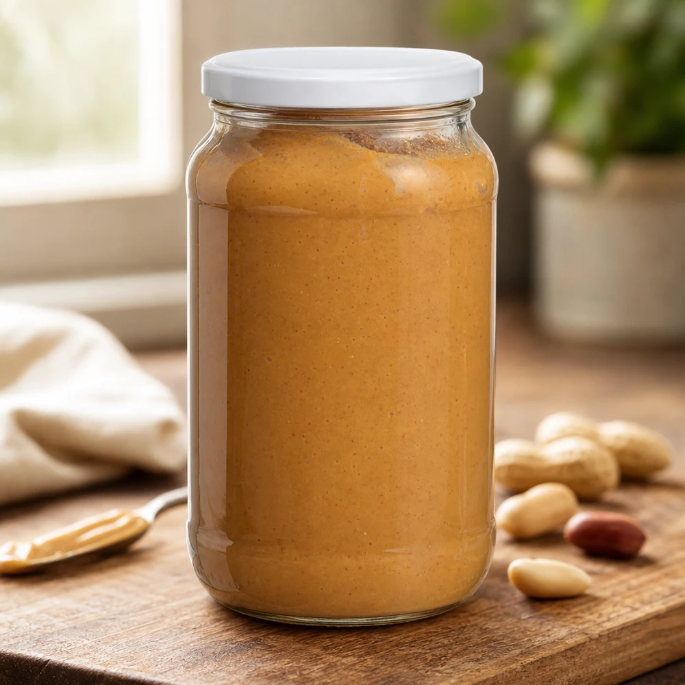 1062ml Verre rond avec couvercle BasicSeal blanc UNiTWIST 1062ml Bocal rond avec couvercle BasicSeal rempli de beurre de cacahuètes sur planche en bois avec cacahuètes Bocal de réserve cuisine