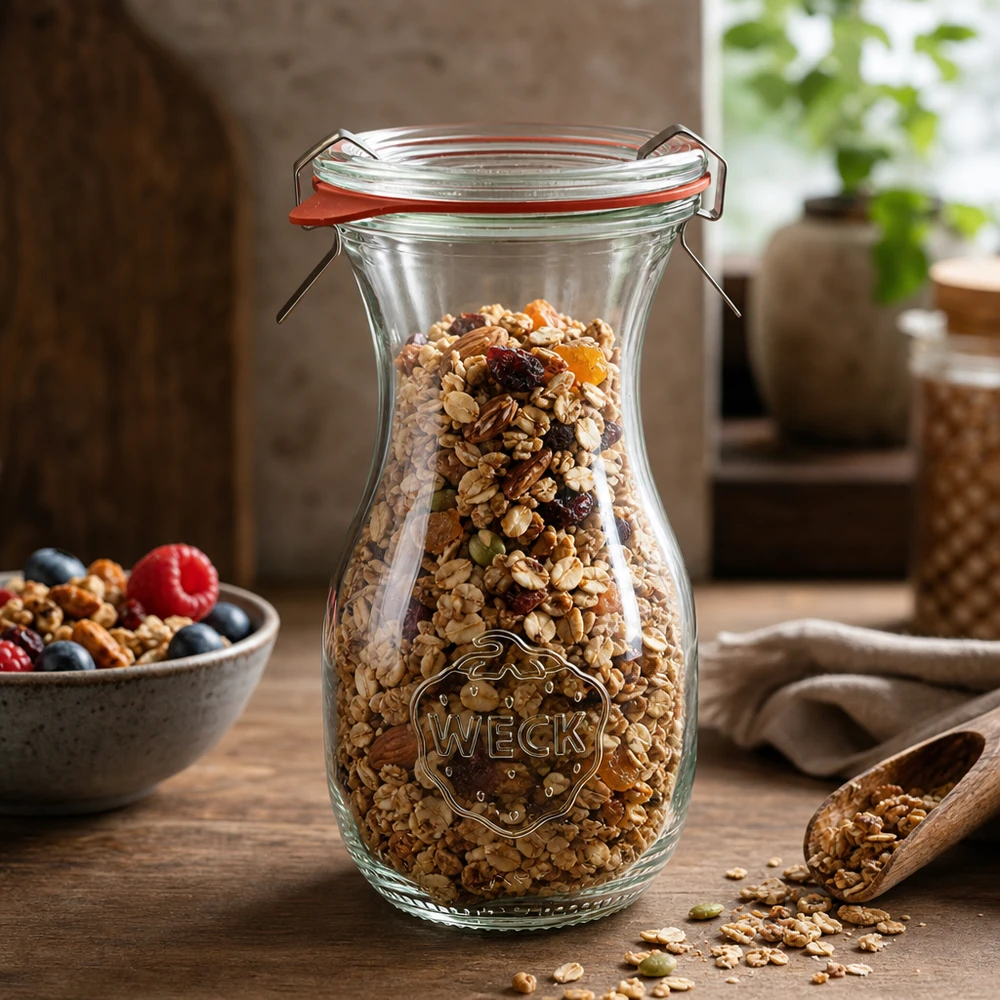 Bouteille à jus de 290 ml, ensemble complet WECK RR60 WECK Bouteille de jus 290ml RR60 remplie de céréales et de fruits secs pour la conservation des aliments