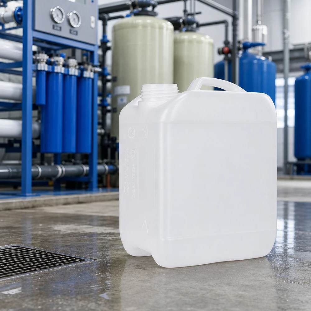 Bidon transparent en PEHD de 2,5 litres sans couvercle dans une station de traitement de l'eau