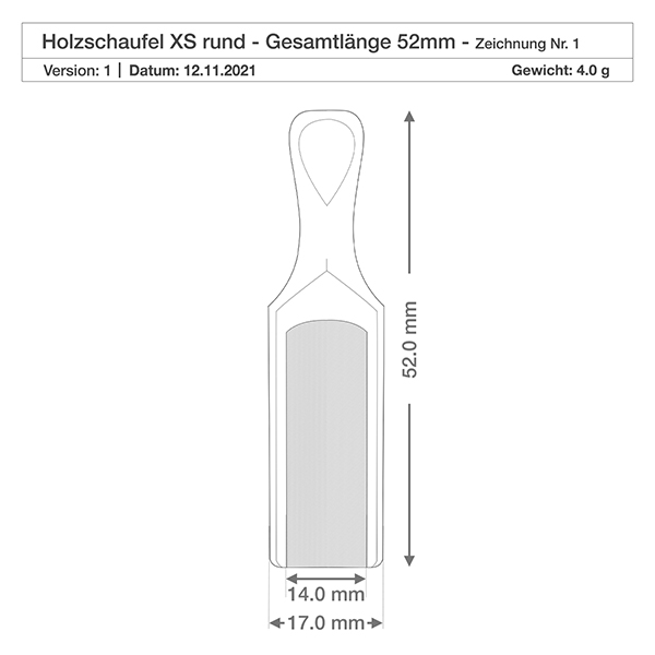 Pelle en bois taille XS forme semi-circulaire - 52mm de long Dessin technique de la pelle en bois XS avec les dimensions 52mm de longueur totale et 17mm de largeur